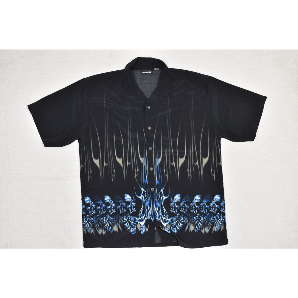 ODO Men's Black Short Sleeve Button Down Shirt with Blue Skull Print Size XL - Picture 3 of 8